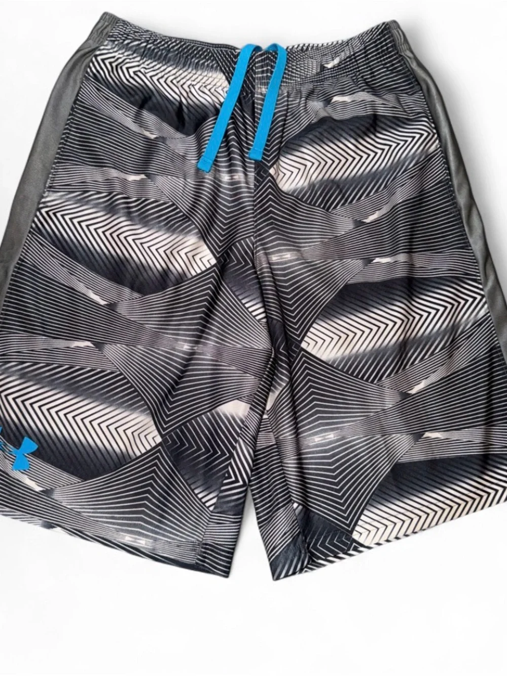 Under Armour Black and Gray Geometric Athletic Shorts with Blue Drawstring